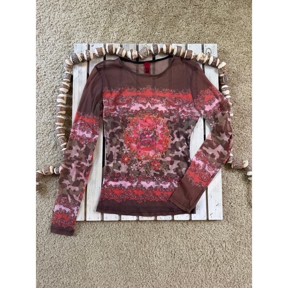 Rare Vintage Just In Time Sheer Mesh Floral Long Sleeve Shirt